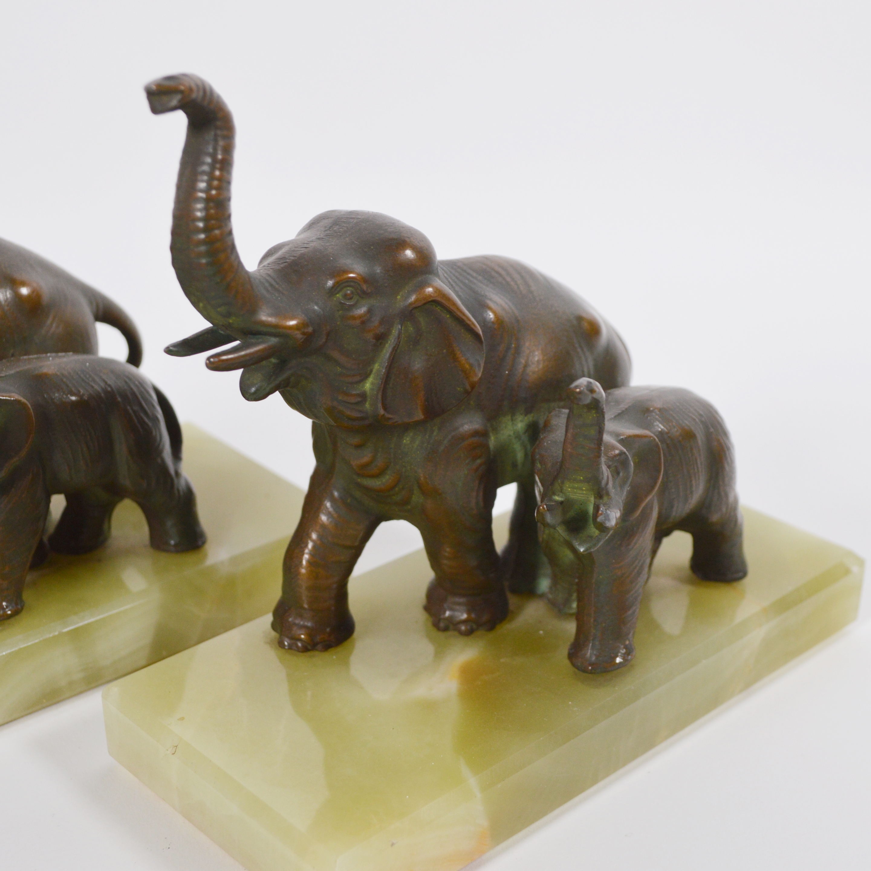Bronze Elephant and Calf Onyx Bookends