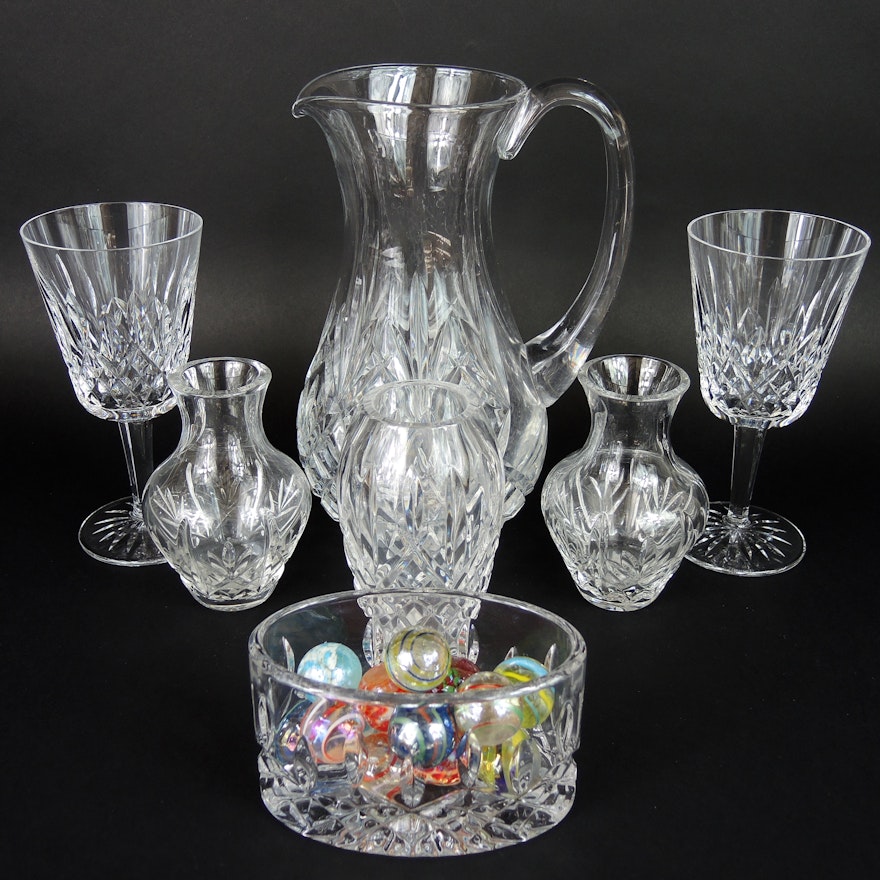 Waterford Crystal Bud Vase, Pitcher, and Wine Glasses