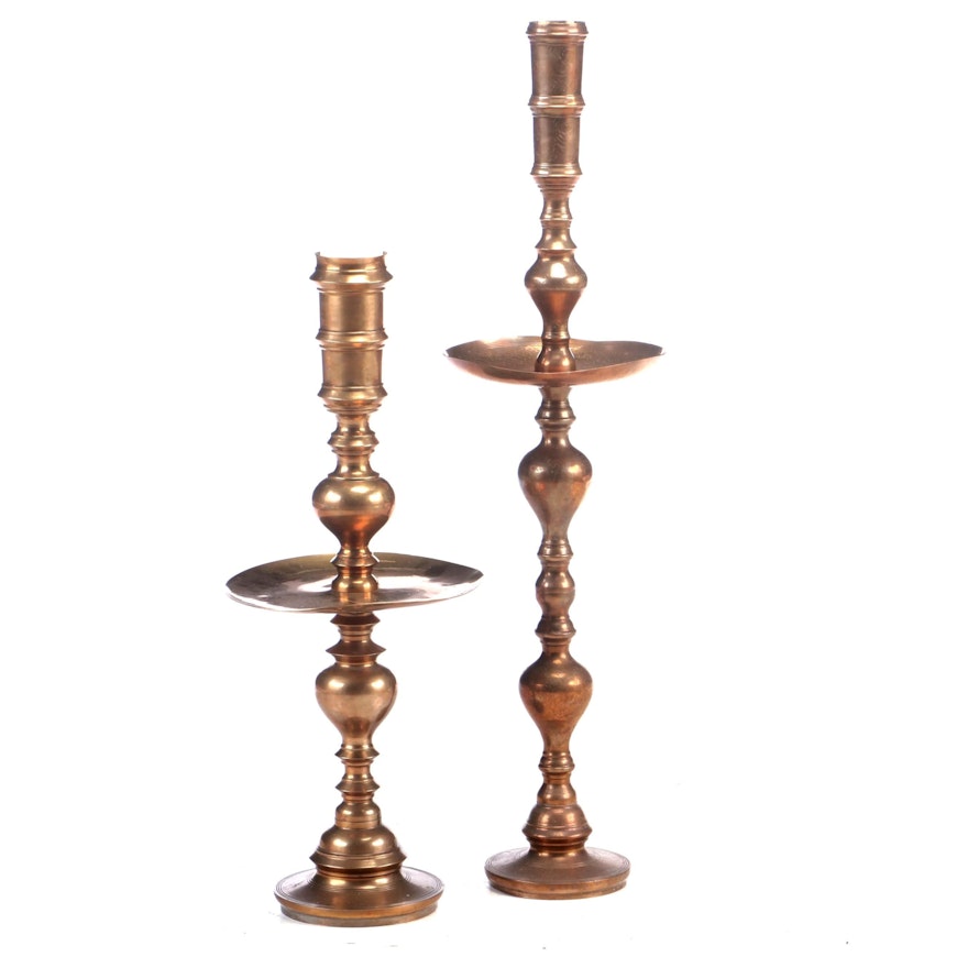 Two Brass Floor Candleholders, Possibly Moroccan, 20th Century