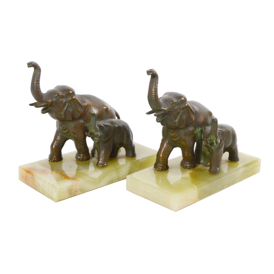 Bronze Elephant and Calf Onyx Bookends