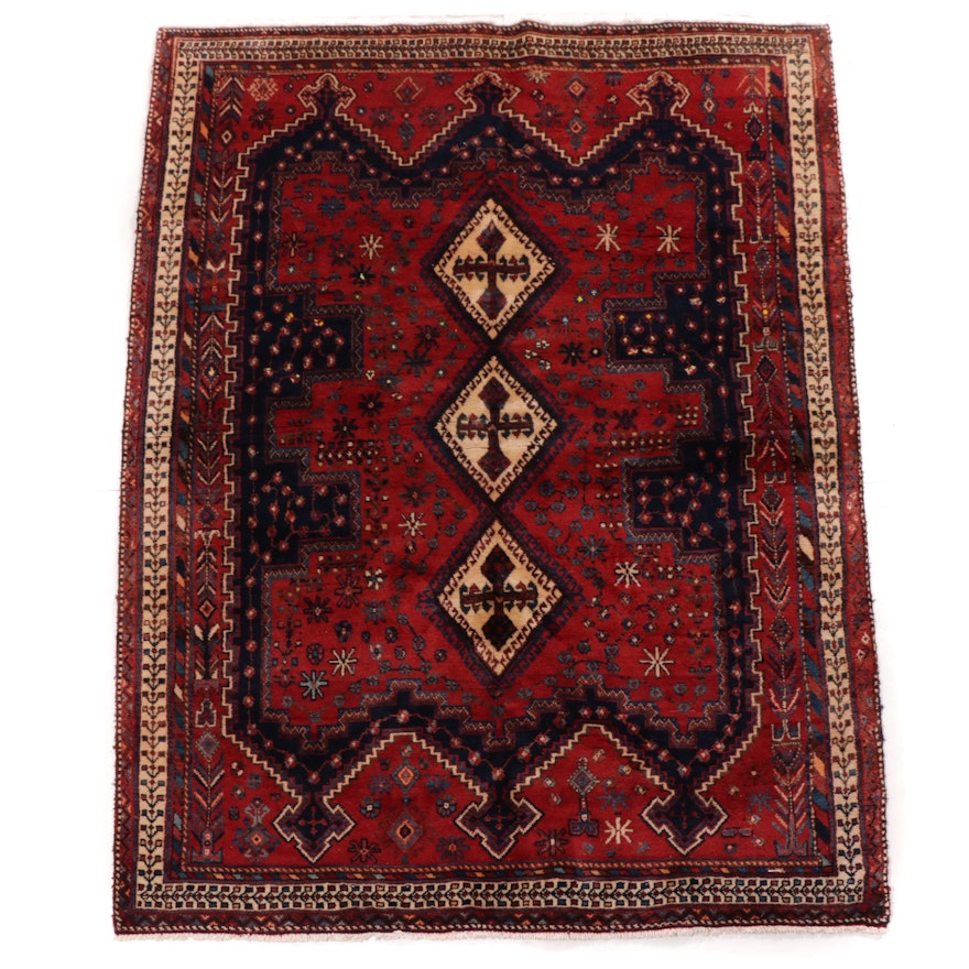 5'0 x 7'2 Hand-Knotted Persian Qashqai Shiraz Rug, 1940s