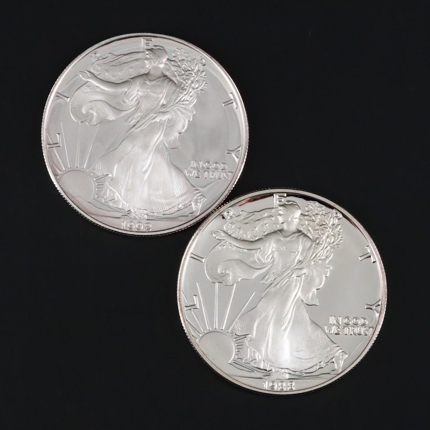 1988-S and 1992-S Proof American Silver Eagle Bullion Coins