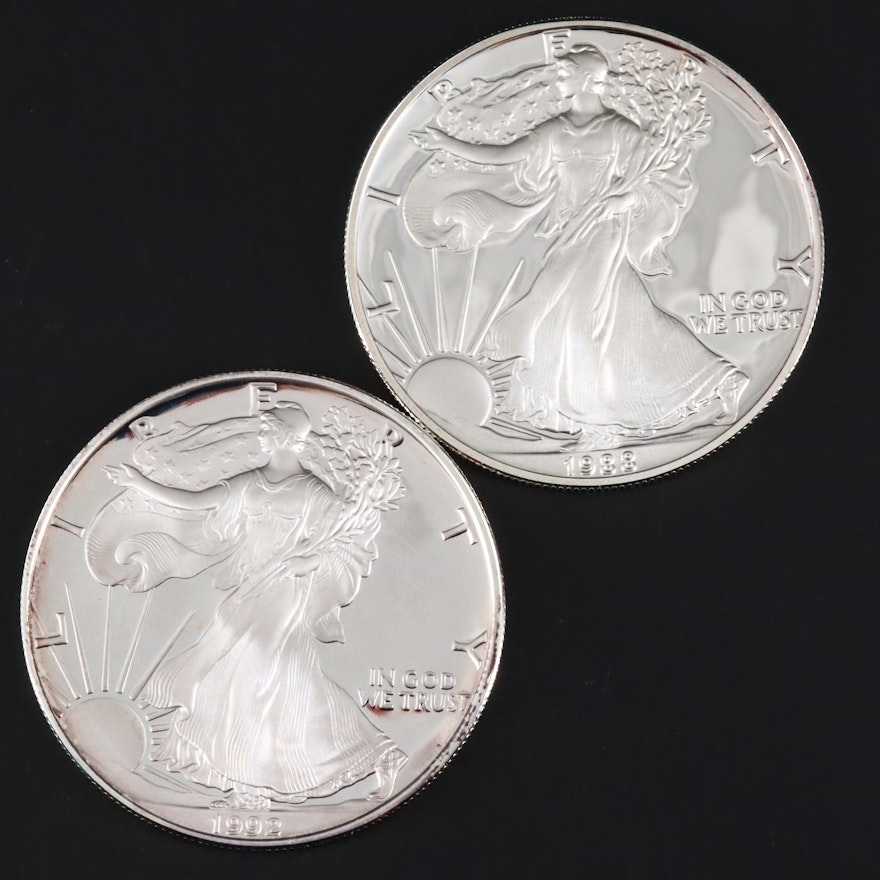 1988-S and 1992-S Proof American Silver Eagle Bullion Coins