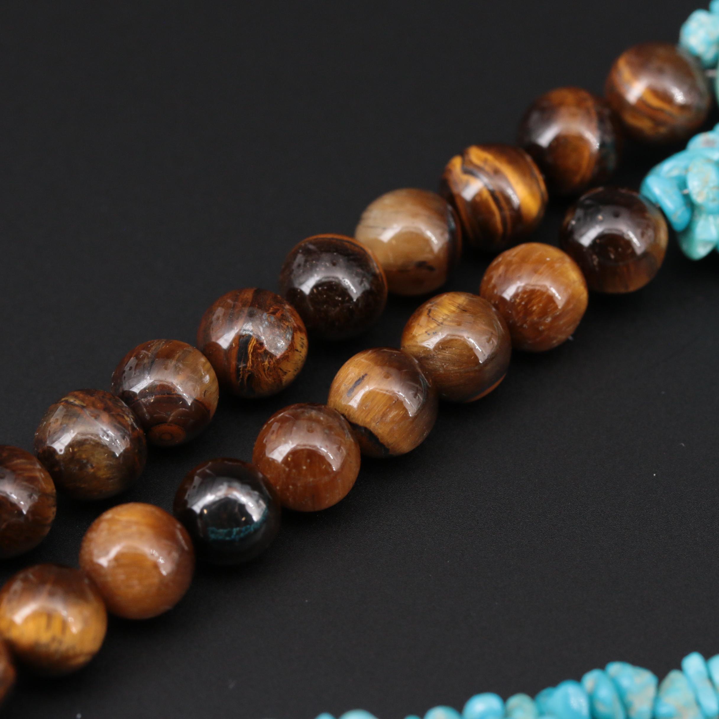 Turquoise and Tiger's Eye Bead Necklace With Sterling Silver Findings
