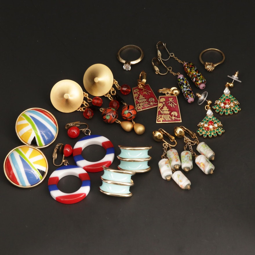 Assorted Earrings and Rings Including Plastic and Art Glass