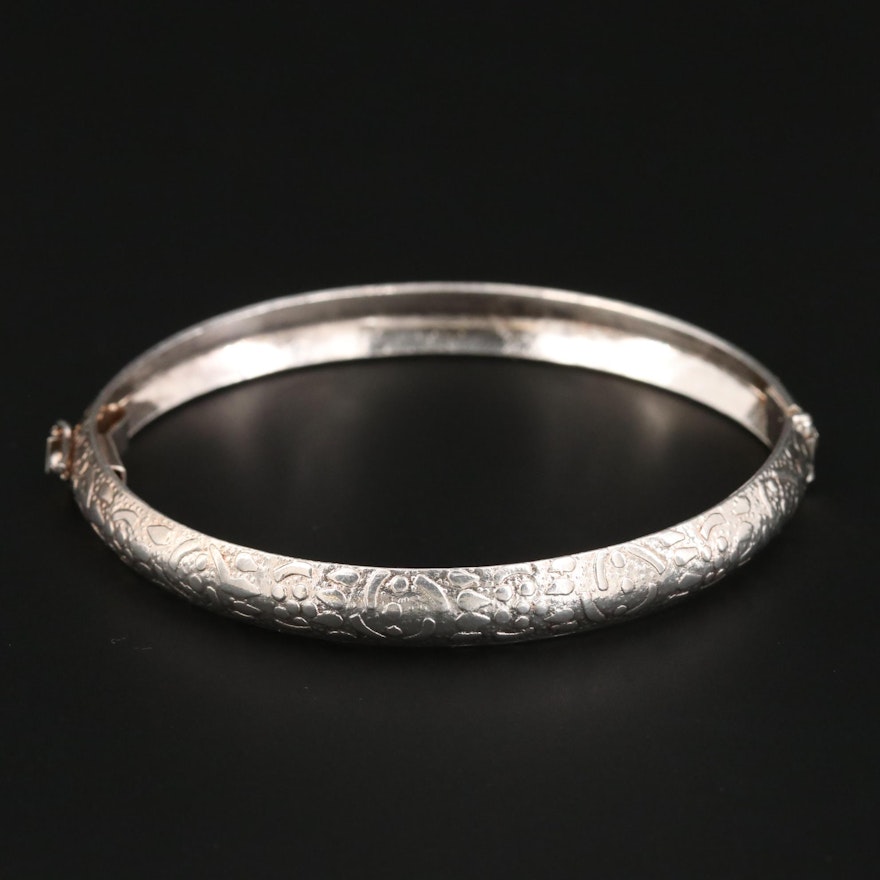 Sterling Silver Textured, Hinged, Bangle Bracelet