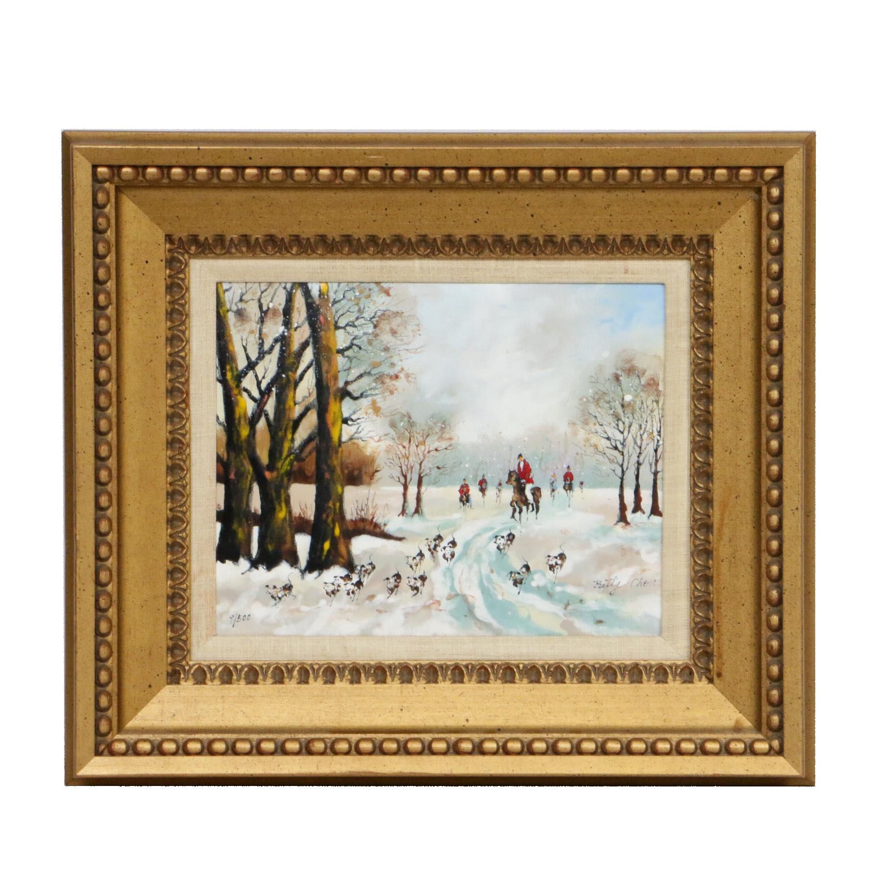 Betty Chou Winter Fox Hunt Enamel Painting on Copper, 20th Century