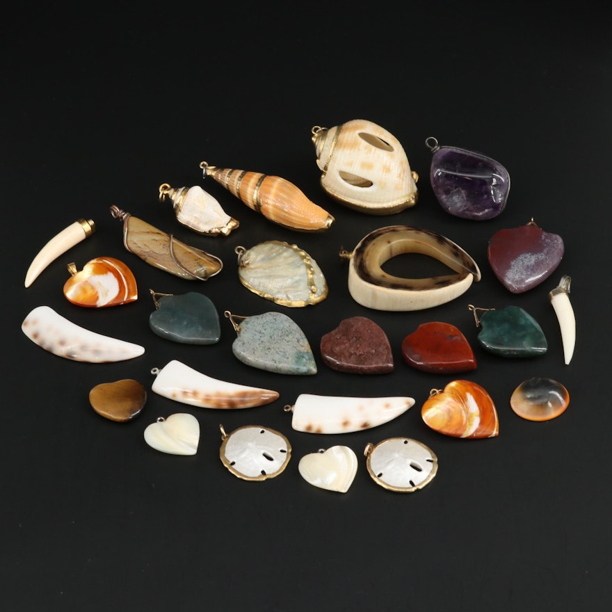 Carved Mixed Gemstone Pendants Including Shell, Horn and Jasper