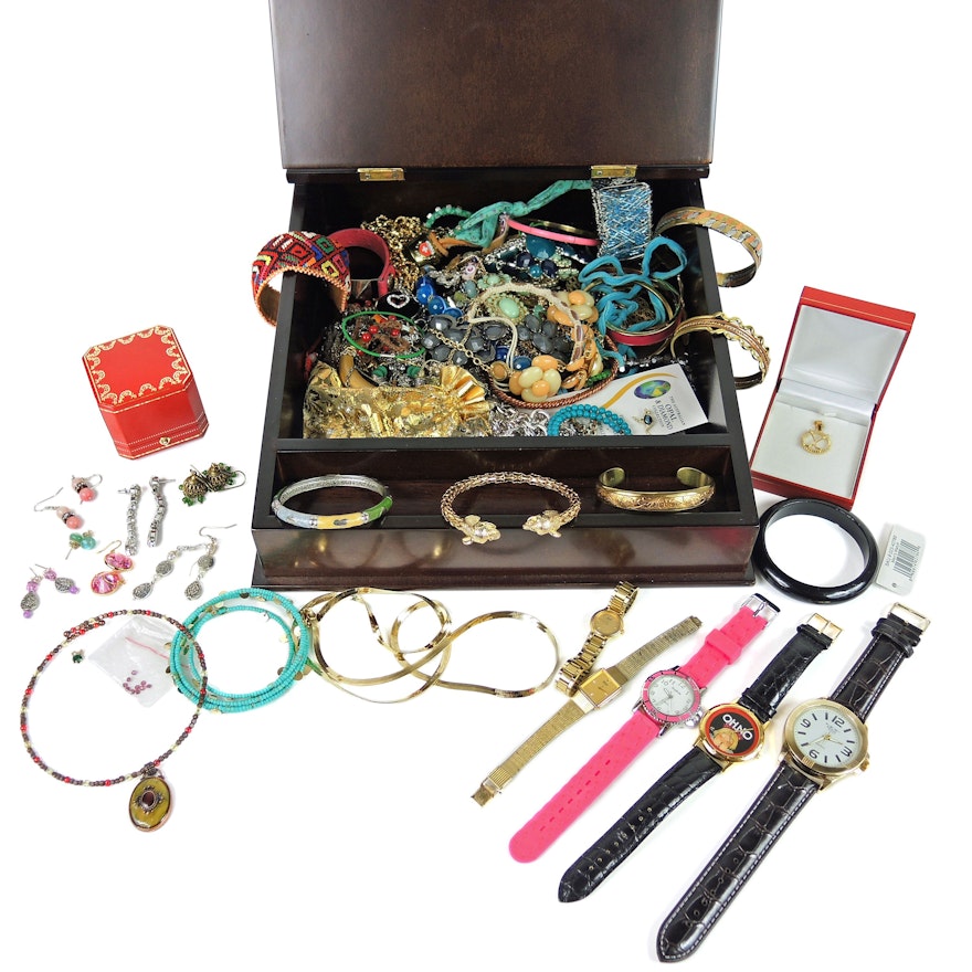 Assorted Jewelry and Watches with Bombay Company Wood Lap Desk