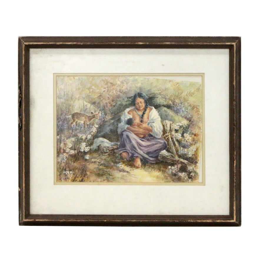 Native American Mother and Child Watercolor Painting