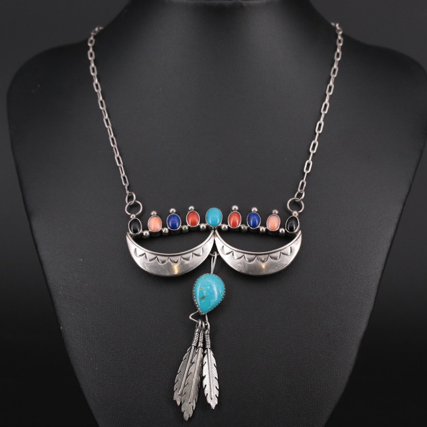 Southwestern Style Sterling Silver Turquoise and Gemstone Necklace