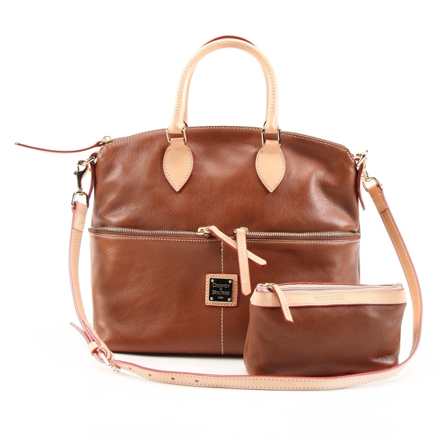 Dooney & Bourke Brown Leather Pocket Convertible Satchel with Cosmetic Case