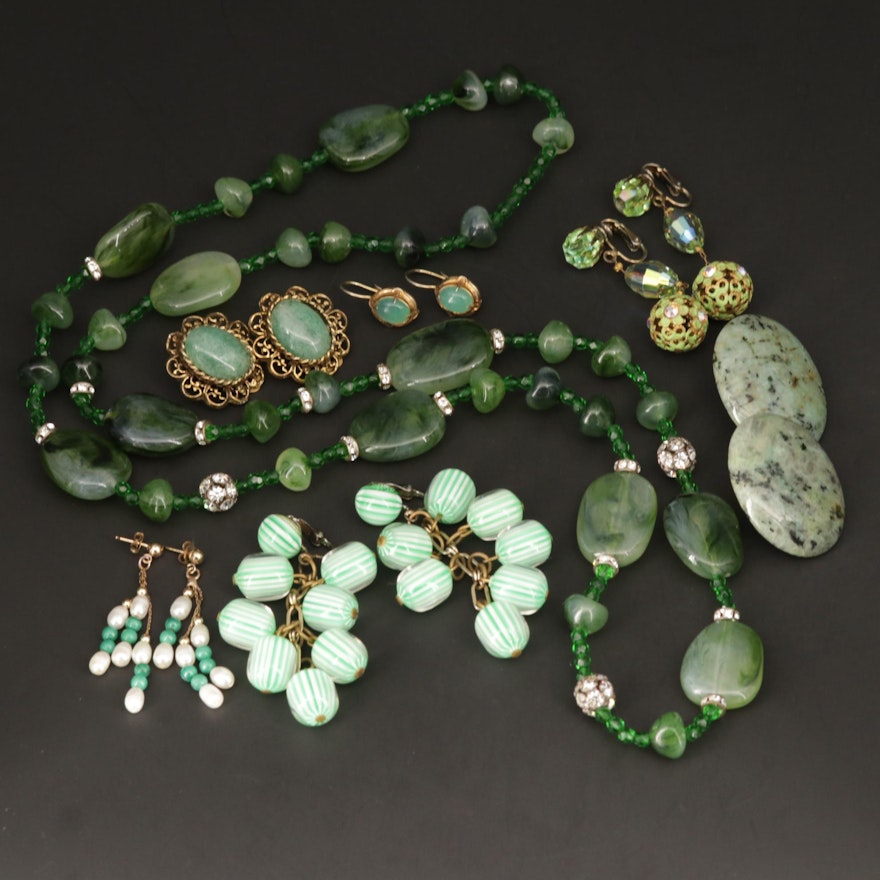 Vintage Style Earrings and Beaded Necklace With Aventurine, Glass and Malachite