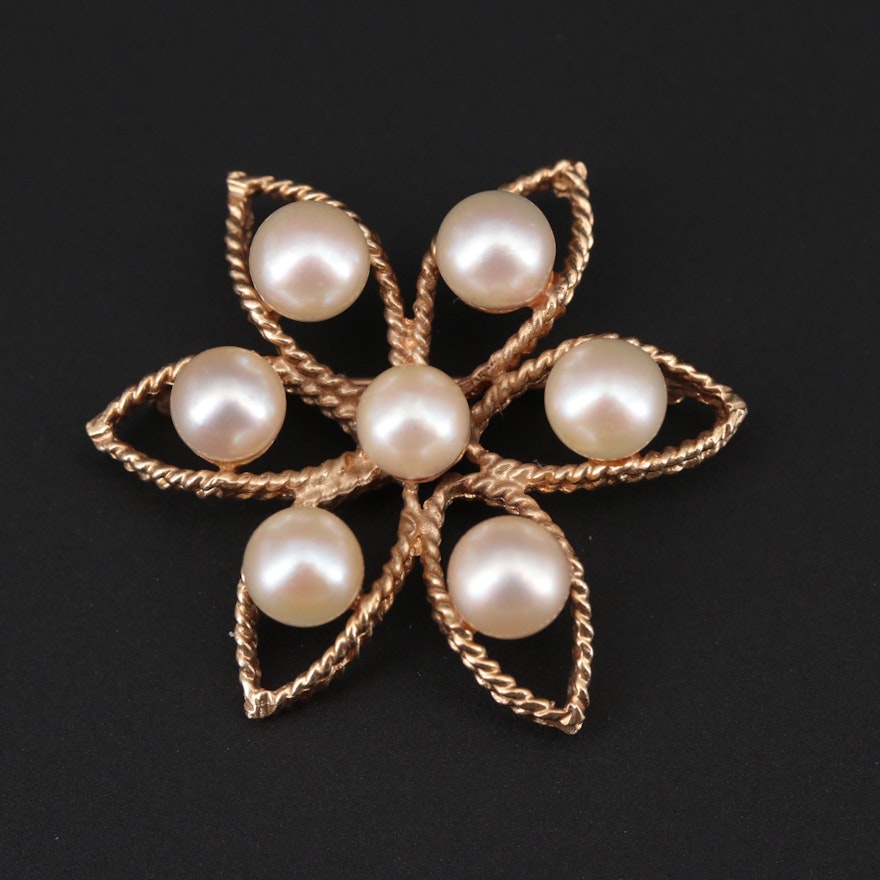 14K Yellow Gold Cultured Pearl Flower Brooch
