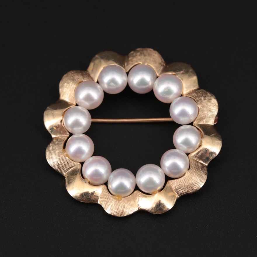 14K Yellow Gold Cultured Pearl Circle Brooch