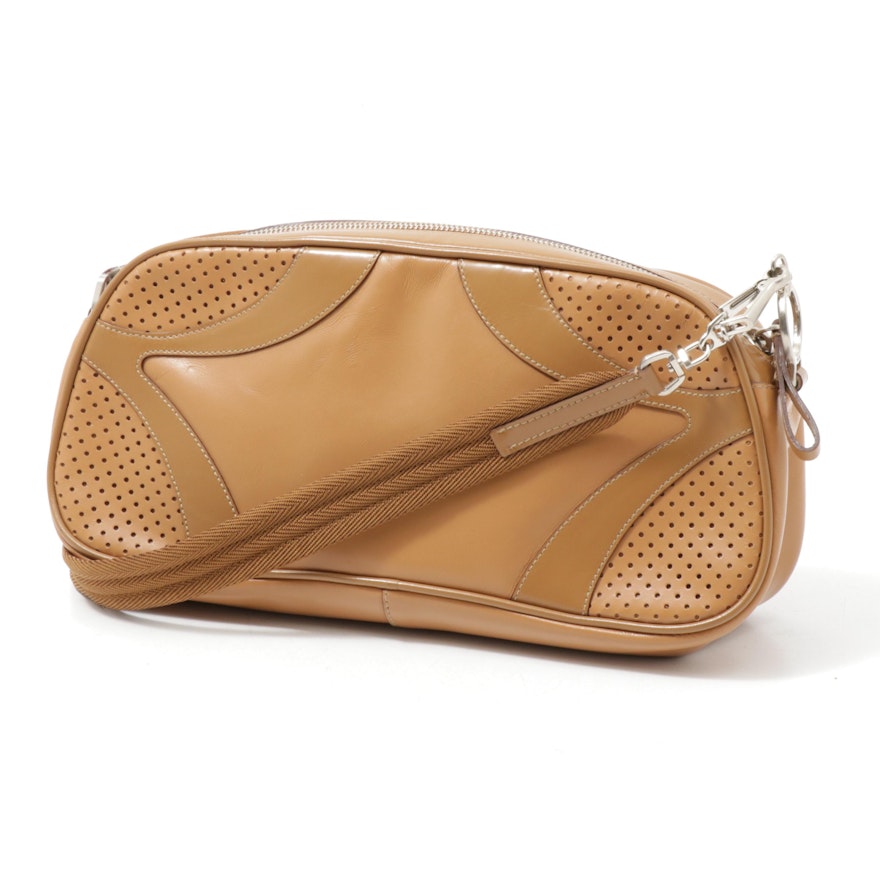 Prada Leather Shoulder Bag in Camel with Pierced Leather