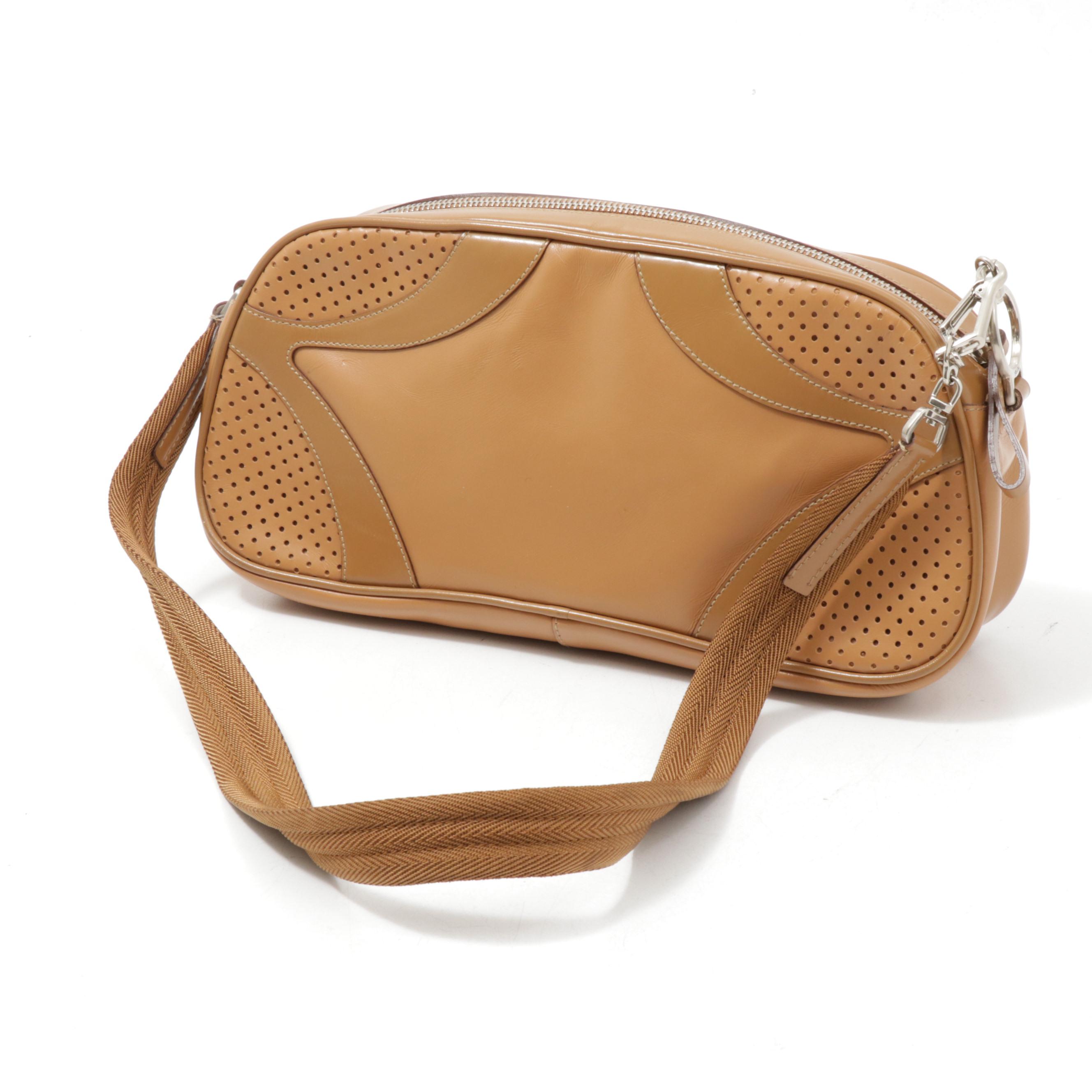 Prada Leather Shoulder Bag in Camel with Pierced Leather