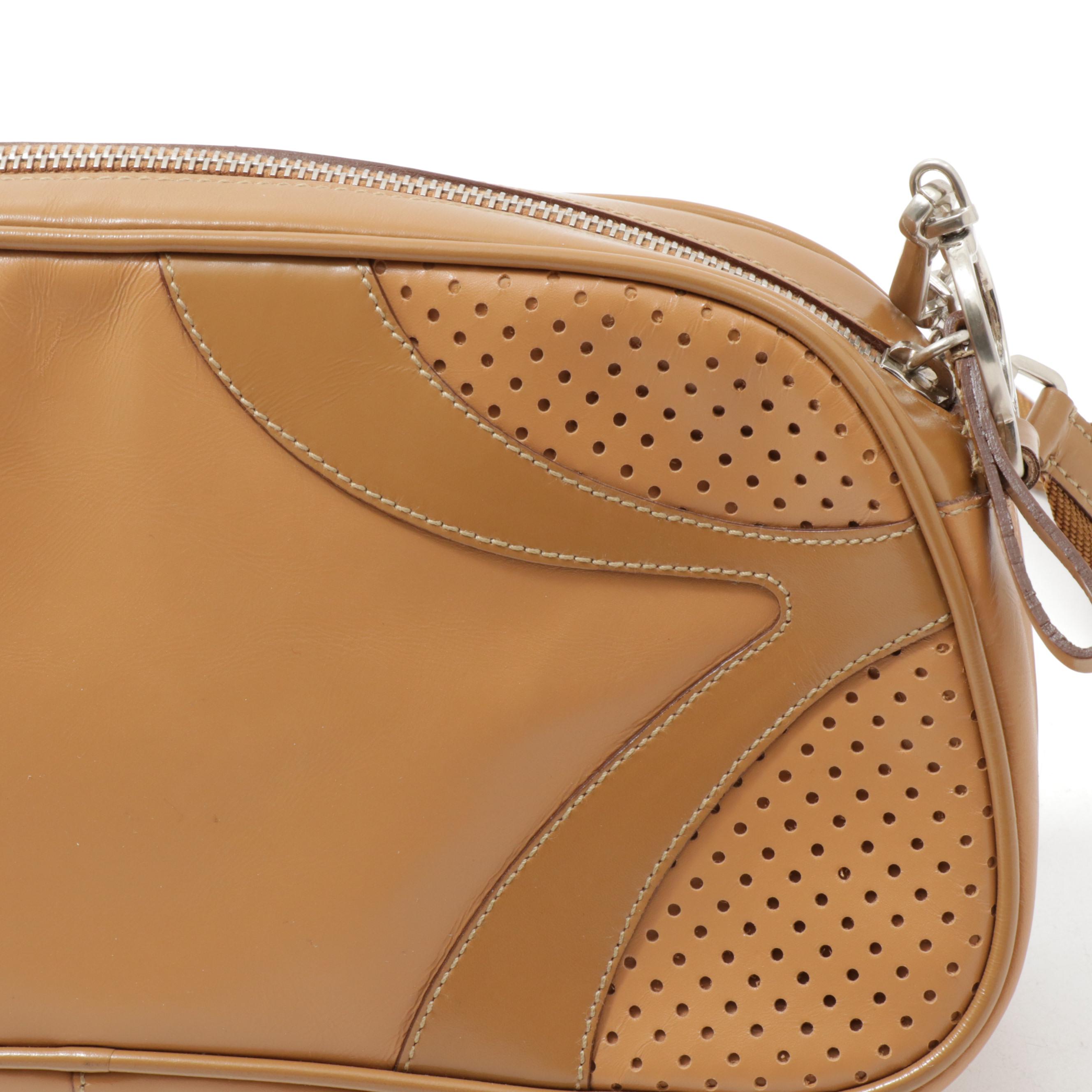 Prada Leather Shoulder Bag in Camel with Pierced Leather