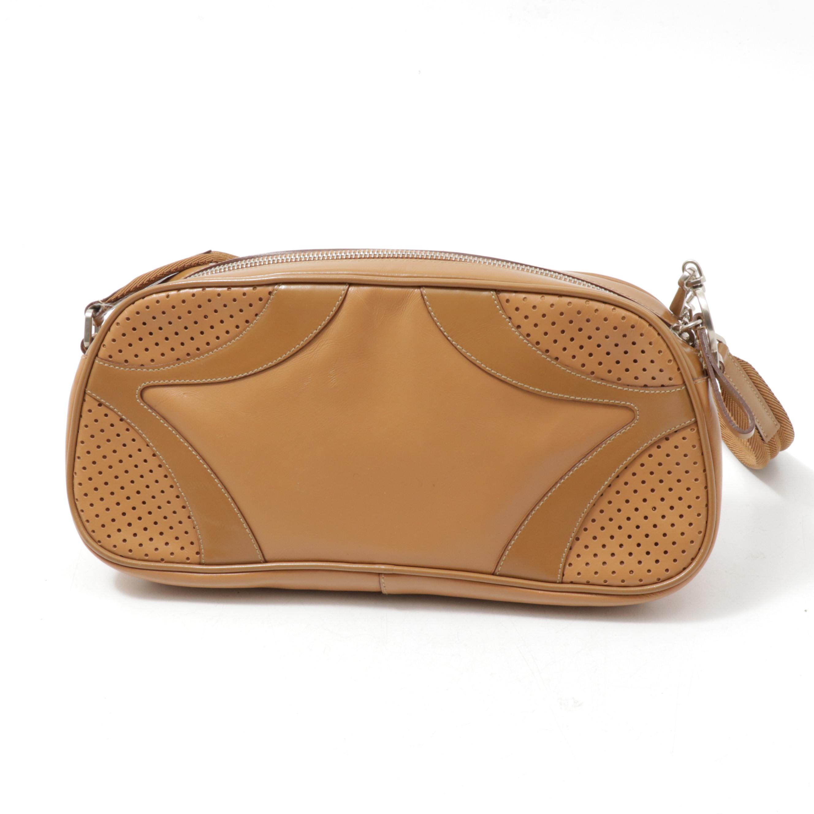 Prada Leather Shoulder Bag in Camel with Pierced Leather