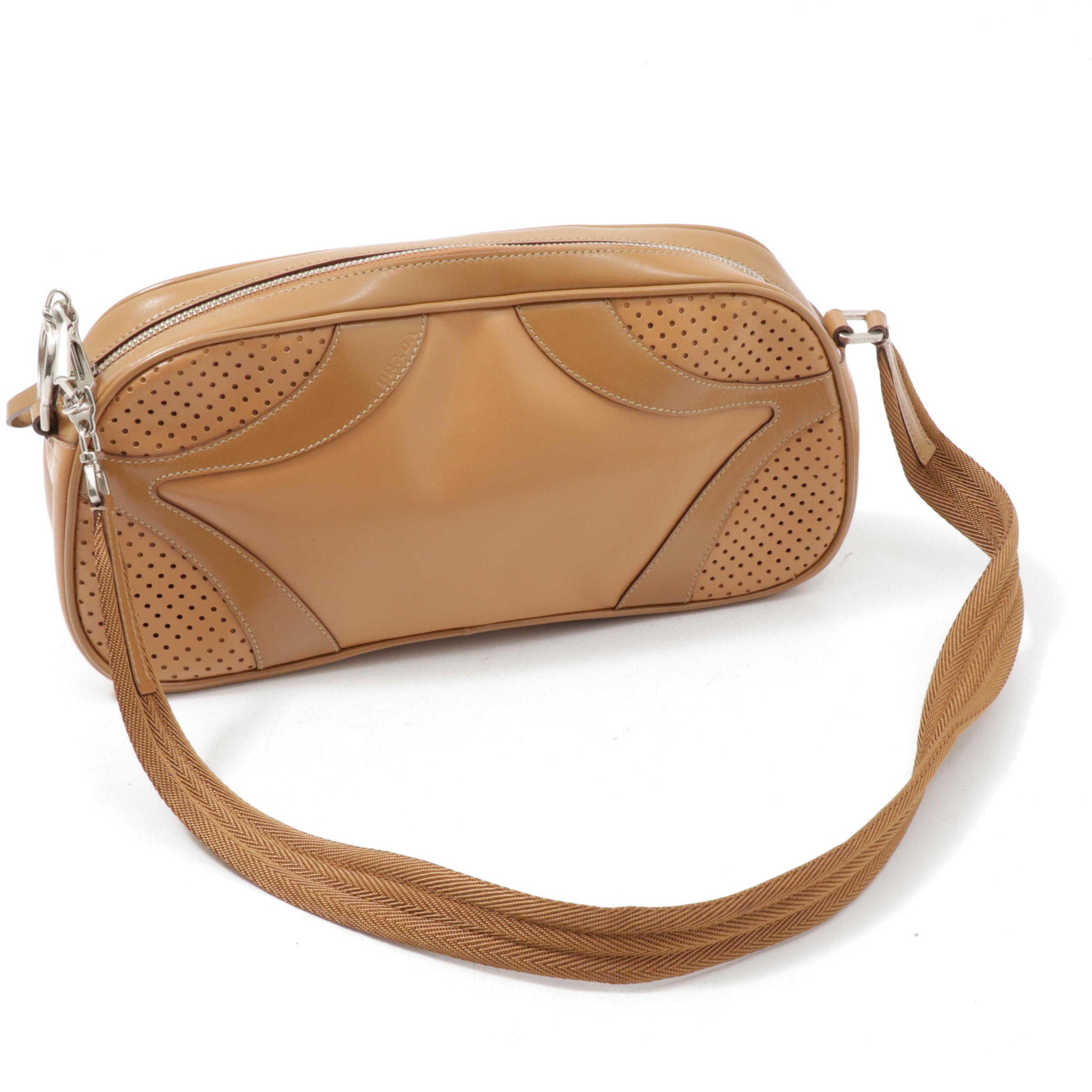 Prada Leather Shoulder Bag in Camel with Pierced Leather