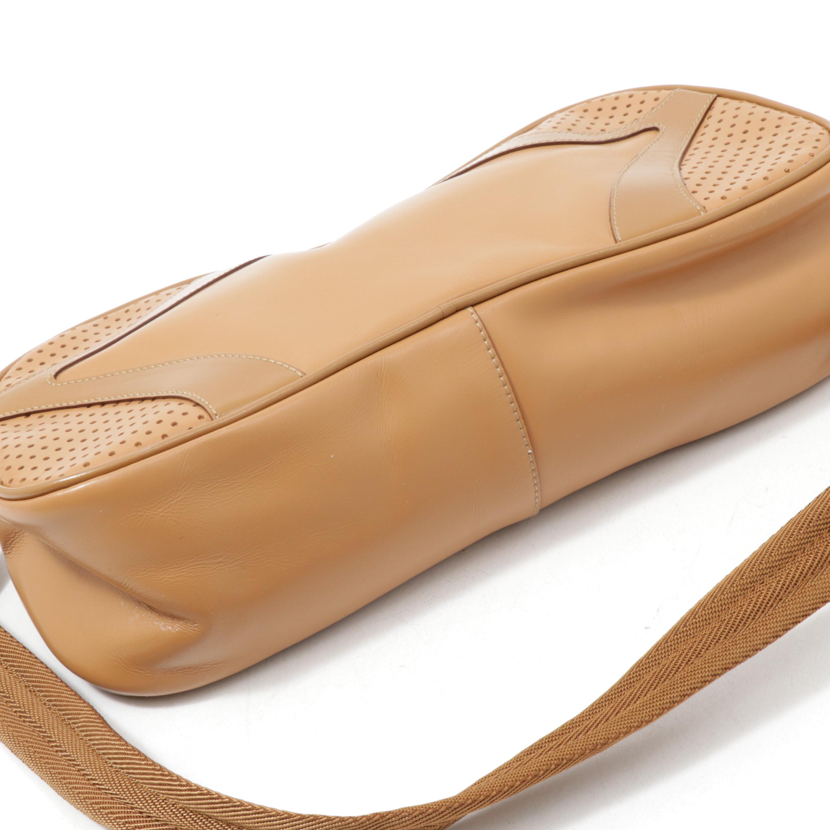 Prada Leather Shoulder Bag in Camel with Pierced Leather