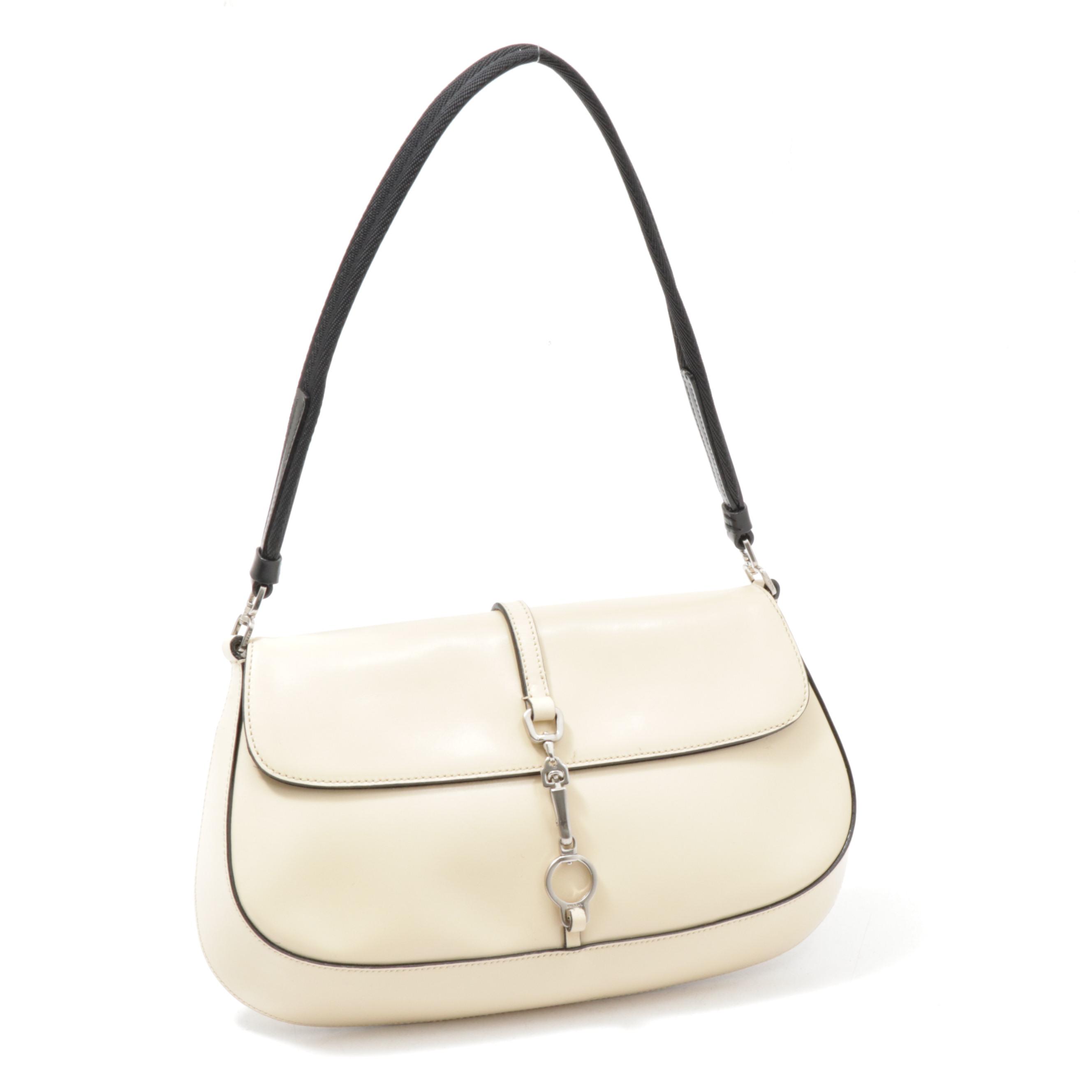 Prada Beige Patent Leather Front Flap Shoulder Bag Trimmed in Black