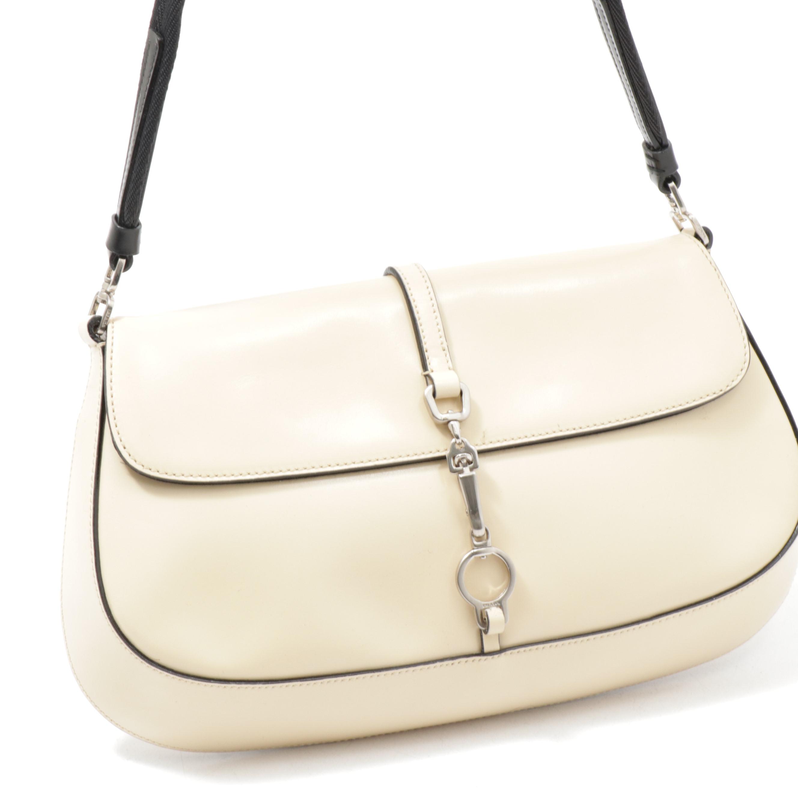Prada Beige Patent Leather Front Flap Shoulder Bag Trimmed in Black