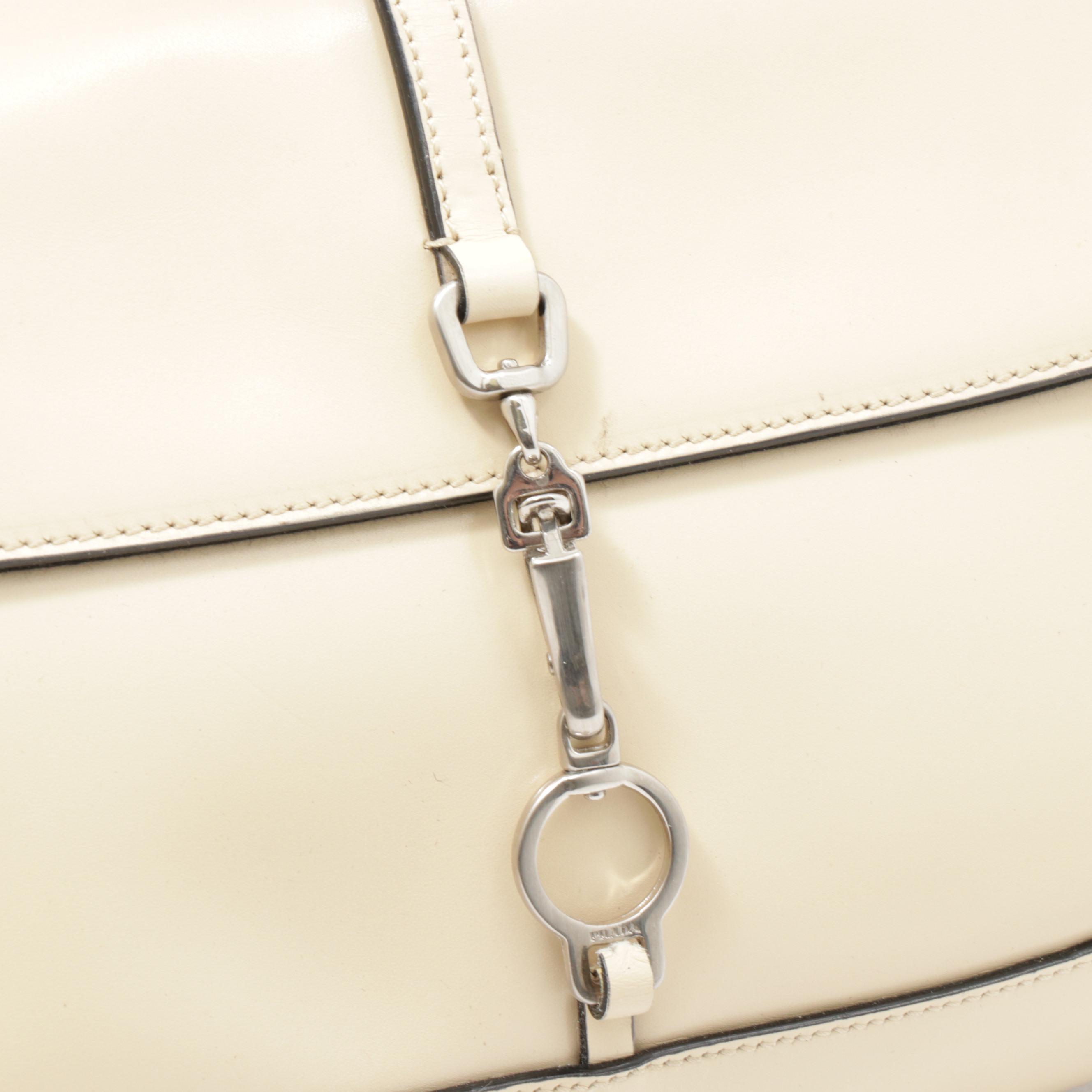 Prada Beige Patent Leather Front Flap Shoulder Bag Trimmed in Black