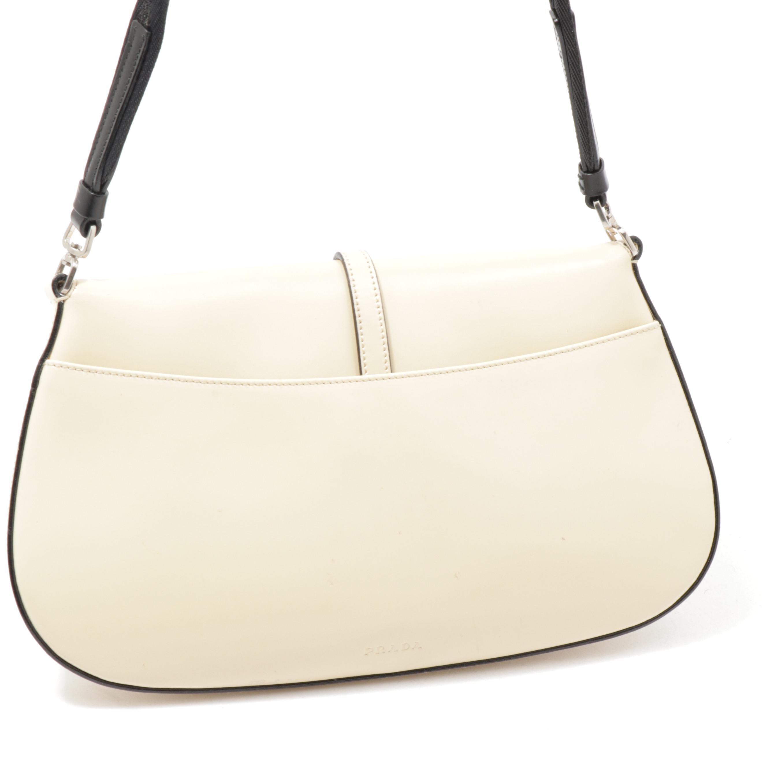 Prada Beige Patent Leather Front Flap Shoulder Bag Trimmed in Black