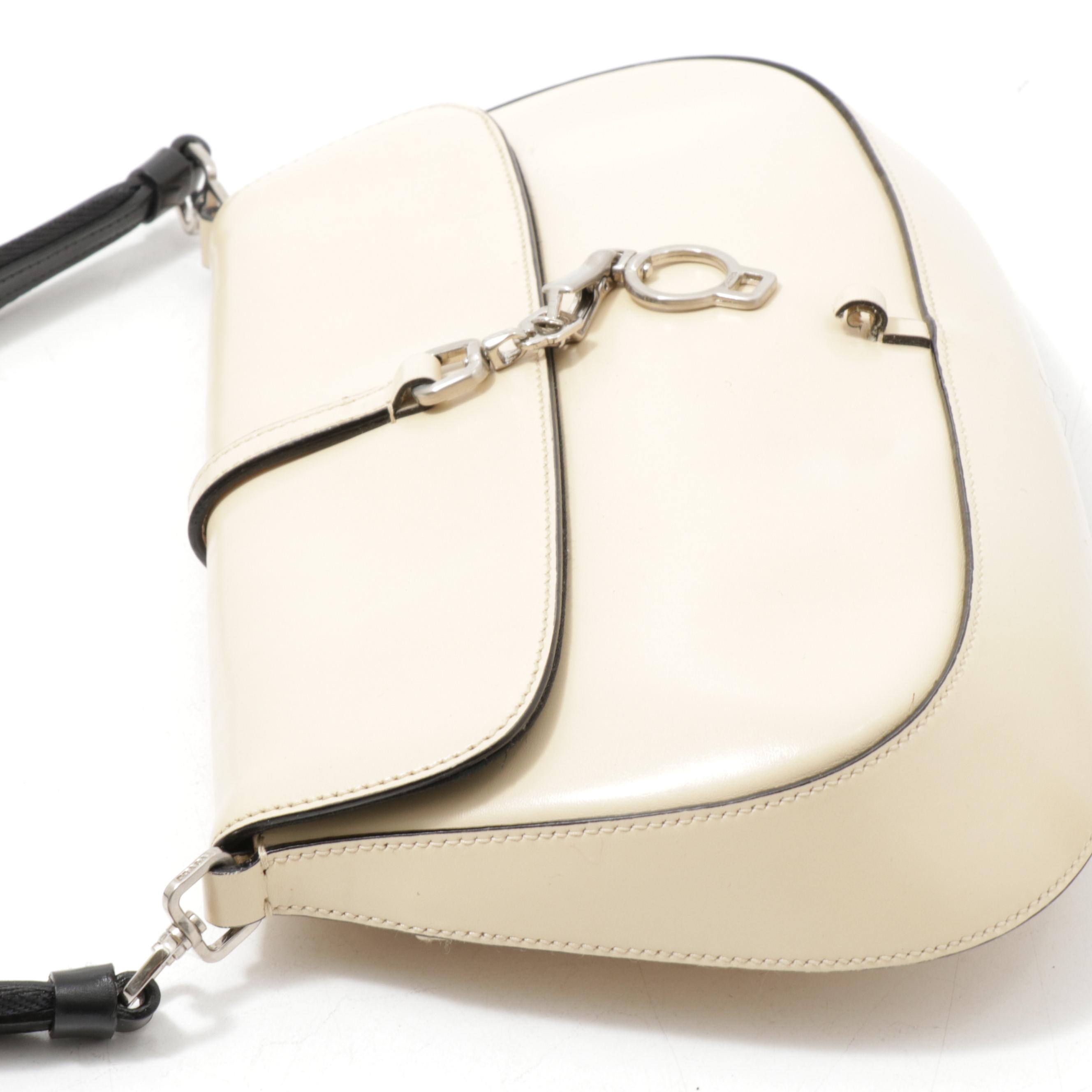 Prada Beige Patent Leather Front Flap Shoulder Bag Trimmed in Black