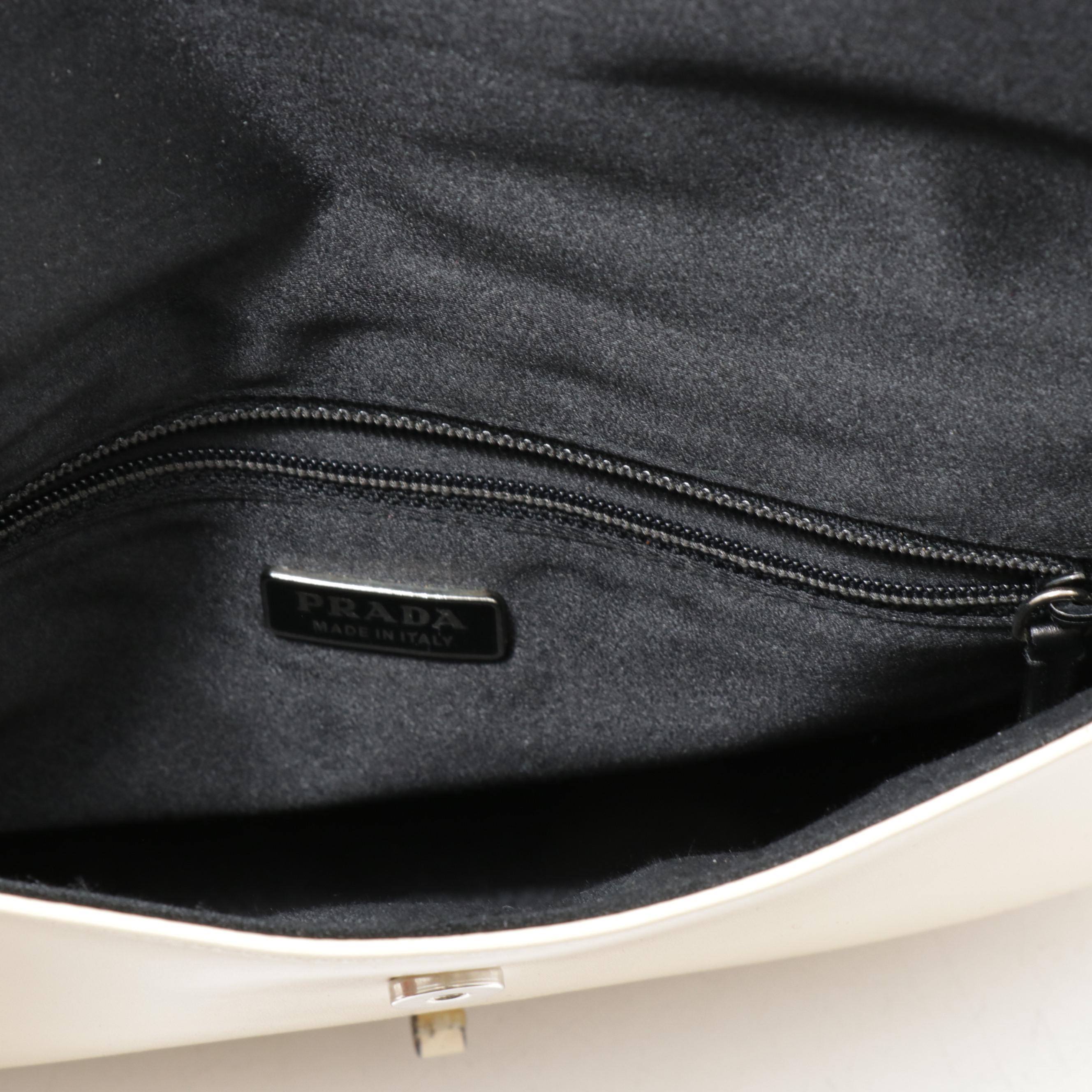 Prada Beige Patent Leather Front Flap Shoulder Bag Trimmed in Black