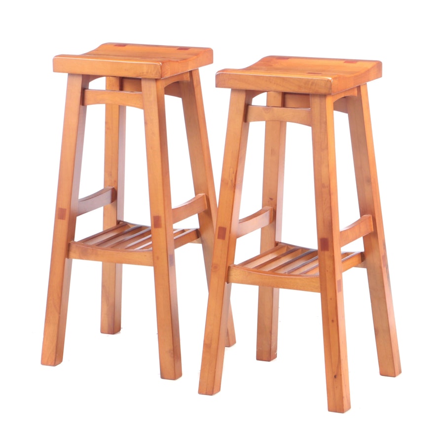 Arts and Crafts Style Stained Pine Counter Height Stools, Contemporary