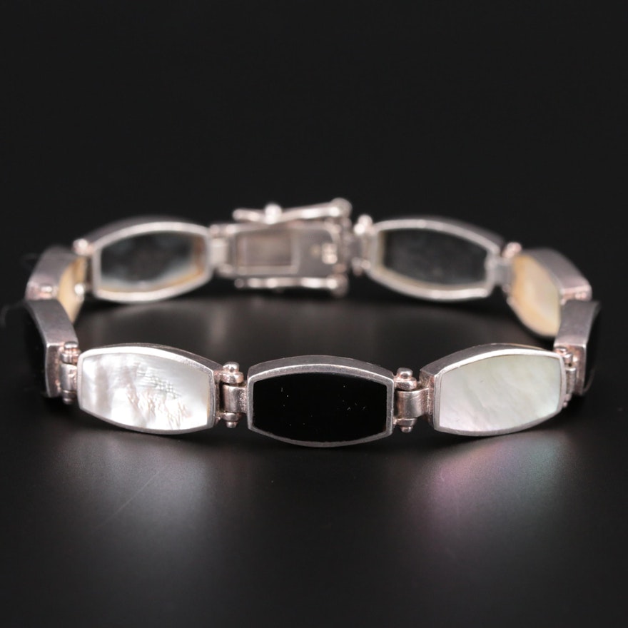 Sterling Silver Black Onyx and Mother of Pearl Hinged Link Bracelet