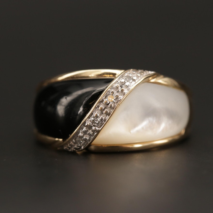 10K Yellow Gold Black Onyx, Mother of Pearl and Diamond Ring