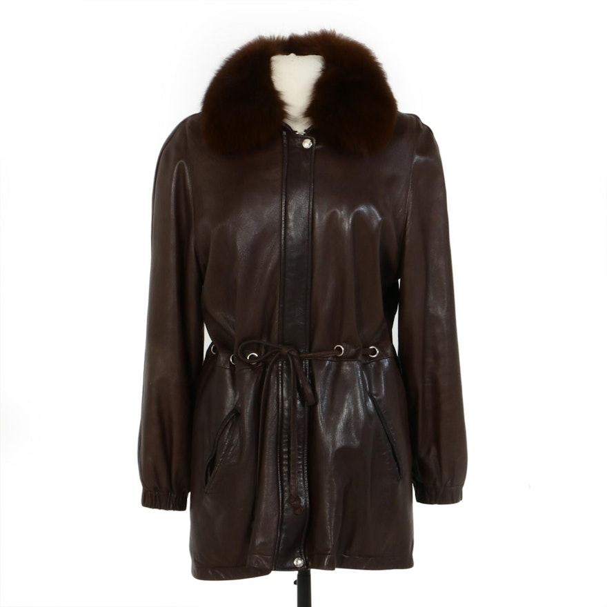 Giorgio Vitale Tie-Waist Brown Leather Stroller with Fox Fur Collar