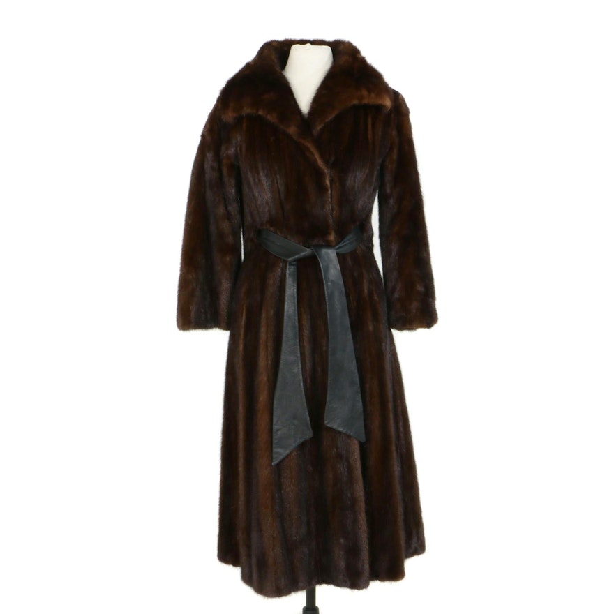 Mahogany Mink Fur Coat with Black Leather Tie Belt, Vintage