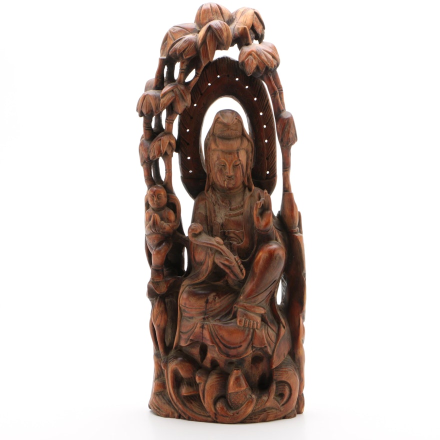 Chinese Hand-Carved Hardwood Guanyin Sculpture