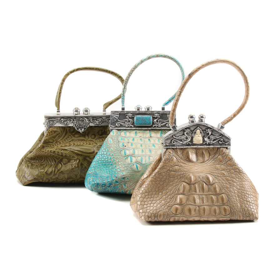 Moulin Rouge Tooled and Croc Embossed Leather Frame Bags with Polished Cabochons