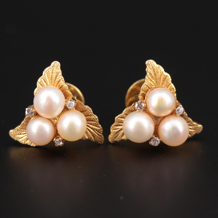 14K Yellow Gold Cultured Pearl and Diamond Foliate Earrings