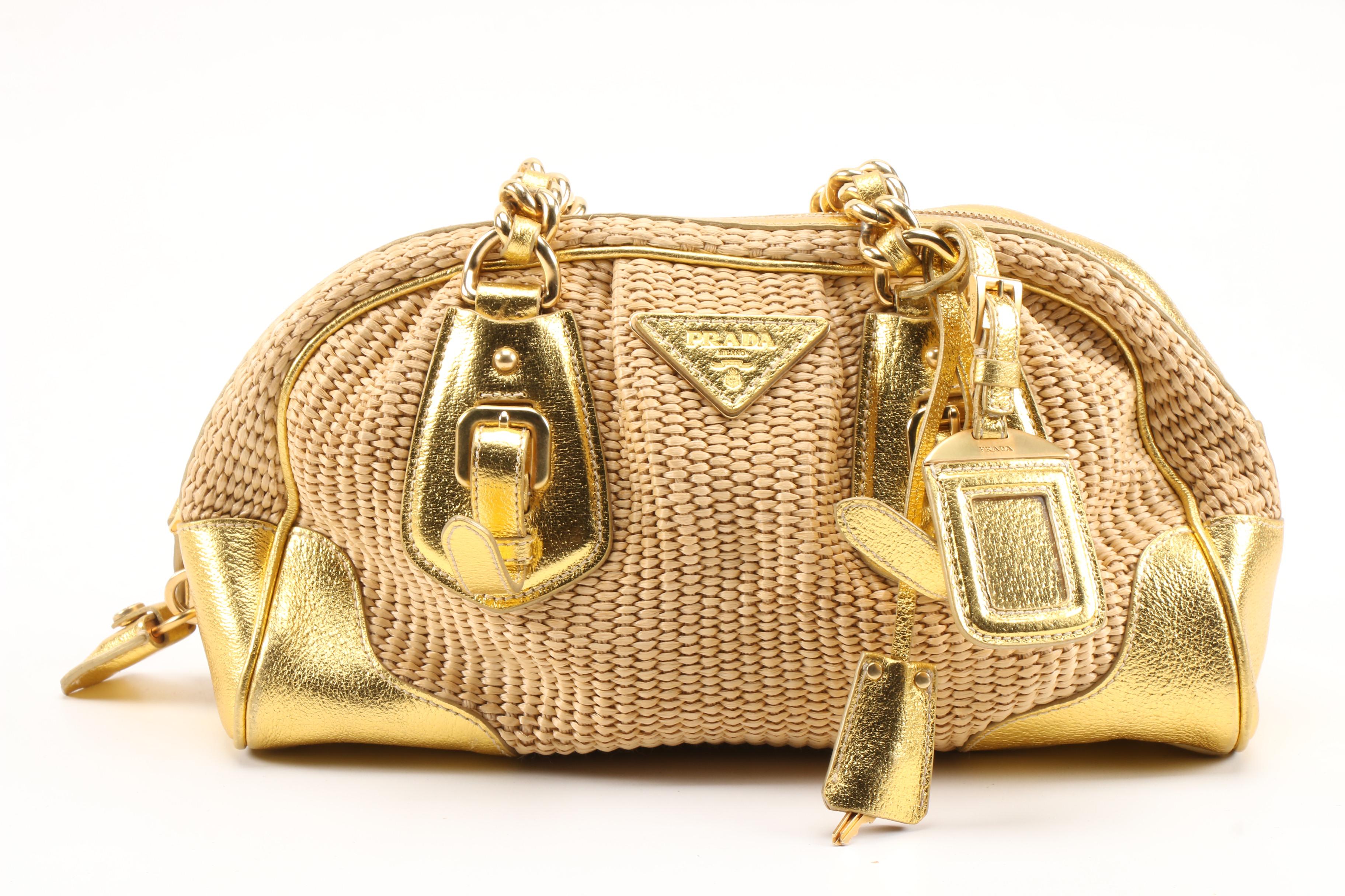 Prada Boston Bag in Woven Straw and Metallic Gold Leather