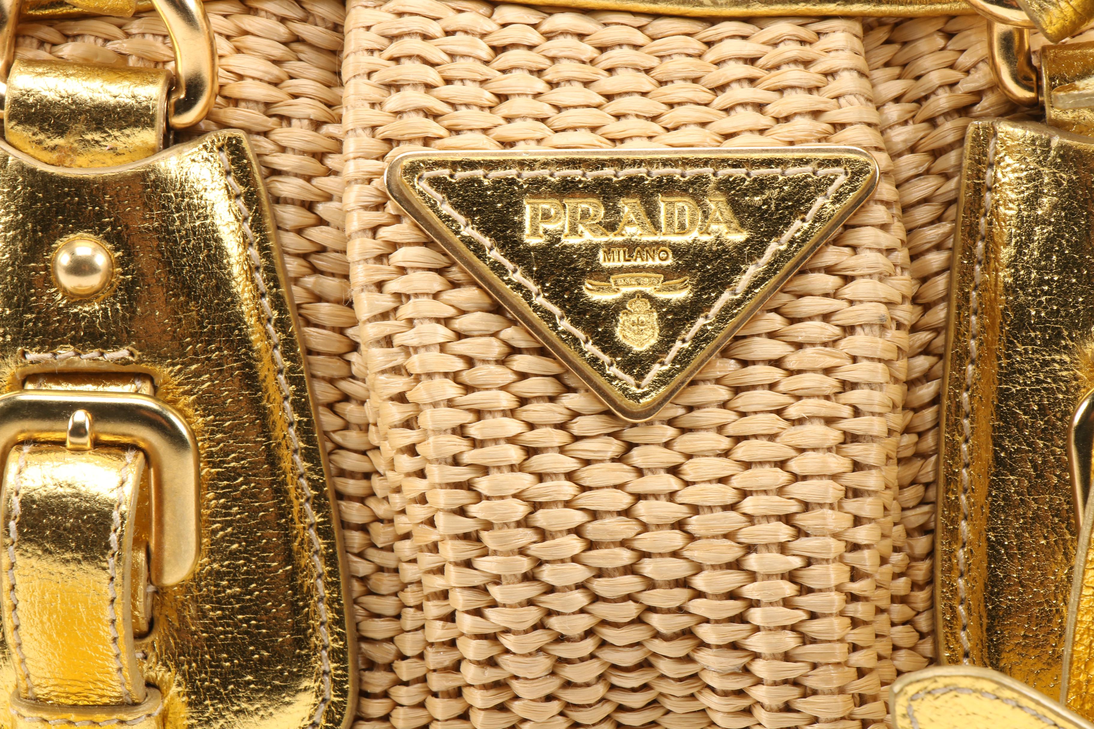 Prada Boston Bag in Woven Straw and Metallic Gold Leather