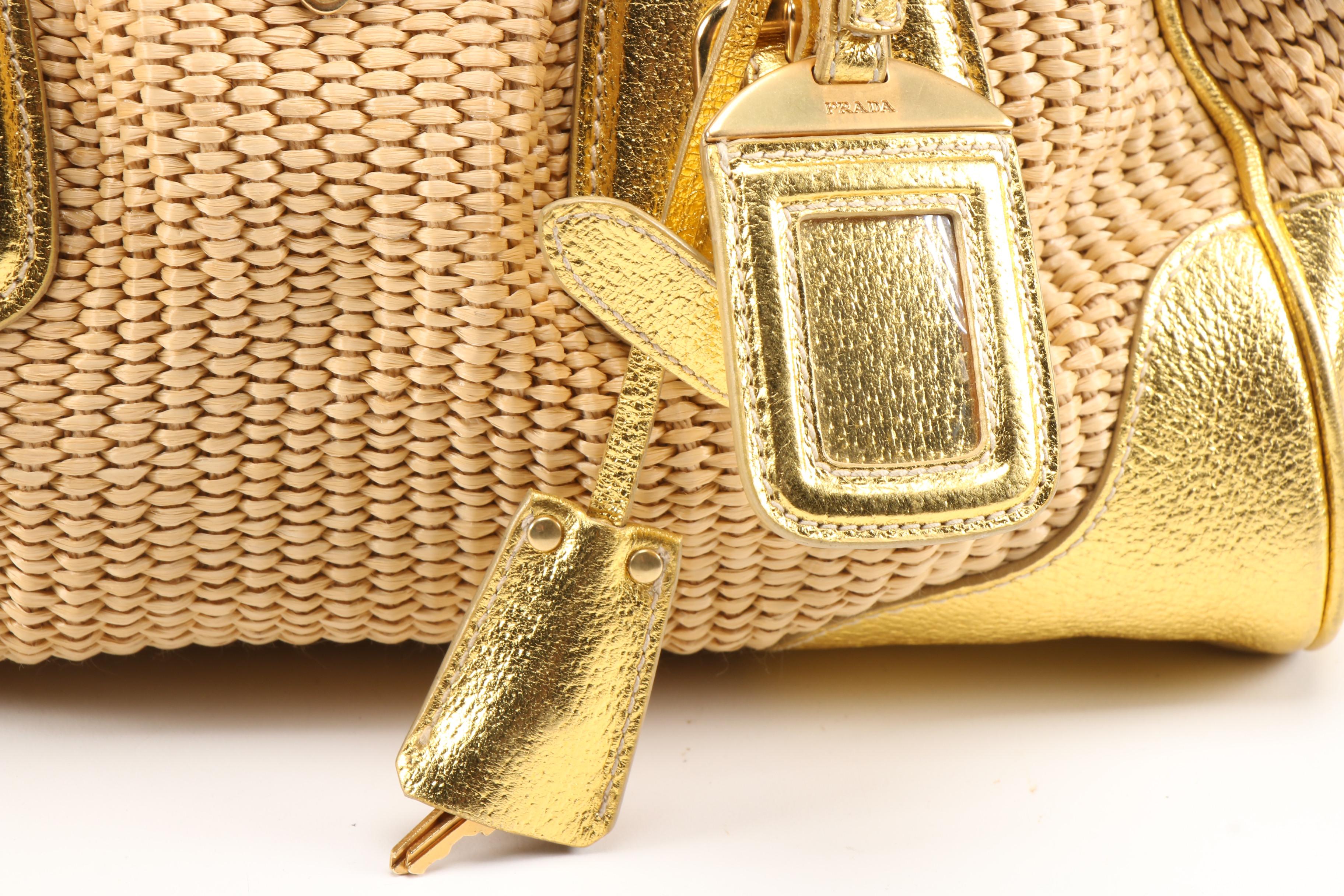 Prada Boston Bag in Woven Straw and Metallic Gold Leather
