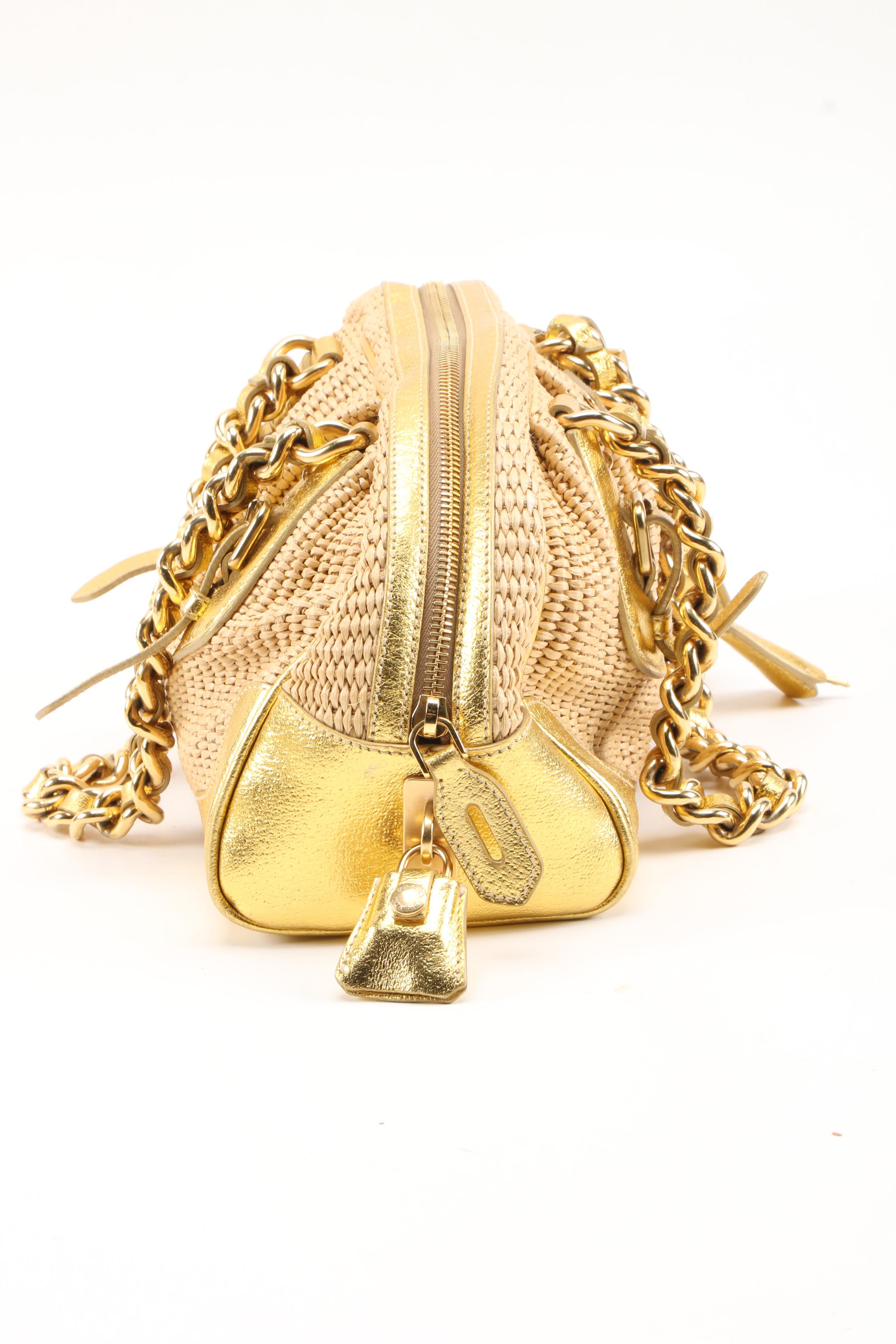 Prada Boston Bag in Woven Straw and Metallic Gold Leather
