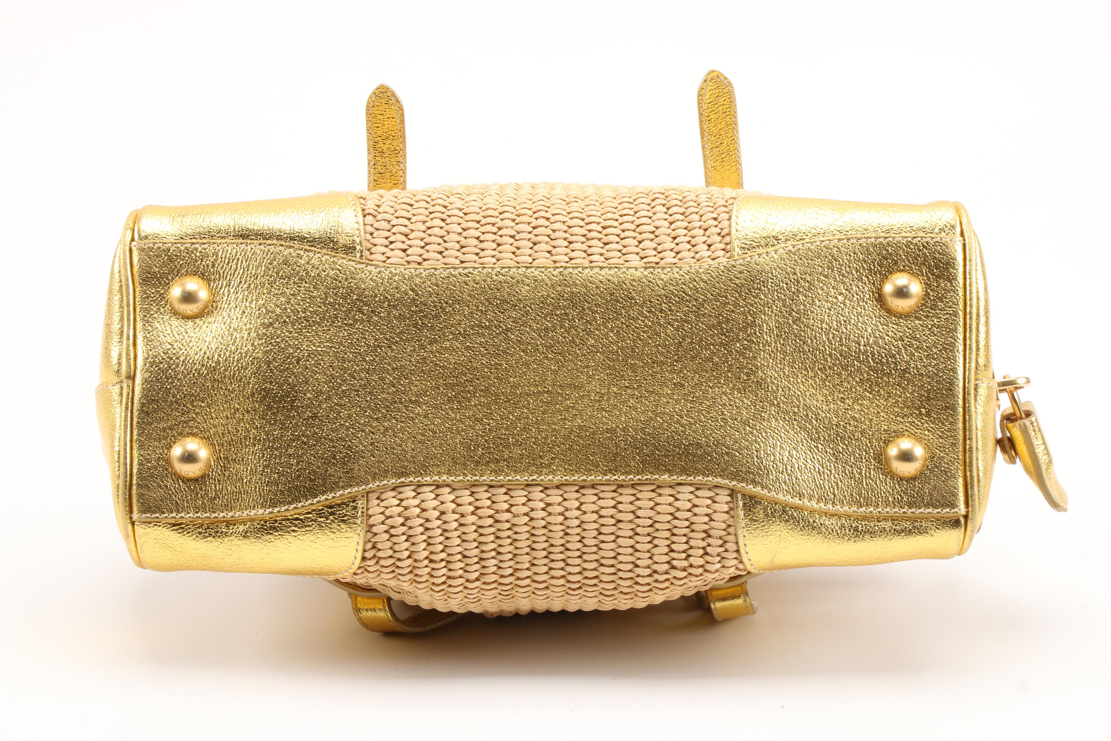 Prada Boston Bag in Woven Straw and Metallic Gold Leather
