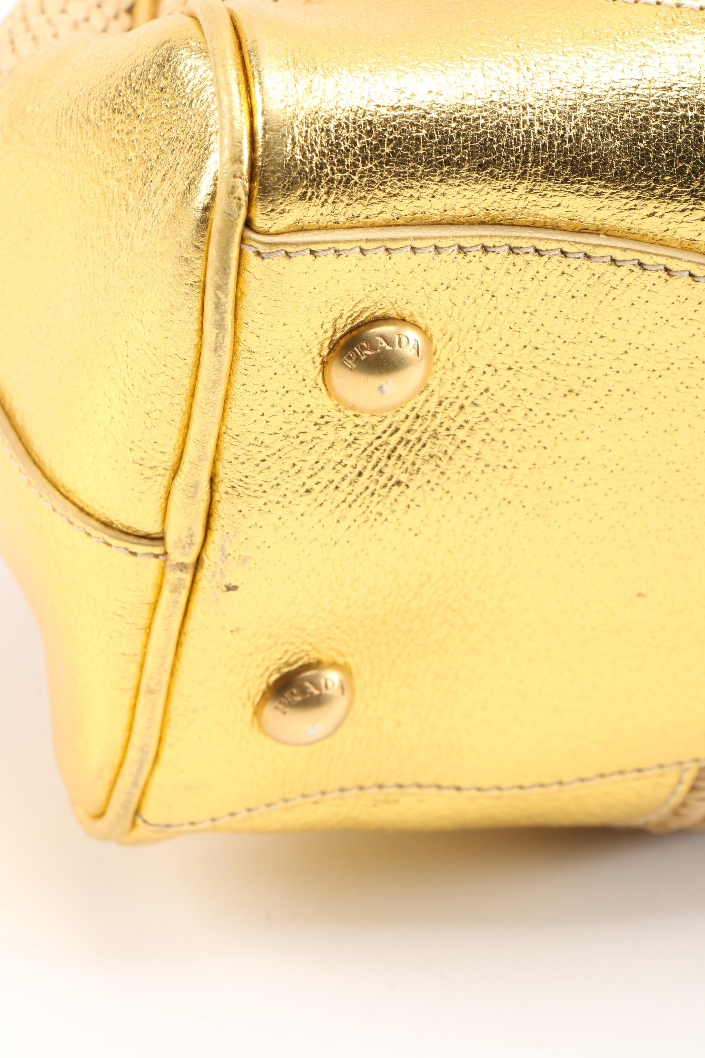 Prada Boston Bag in Woven Straw and Metallic Gold Leather