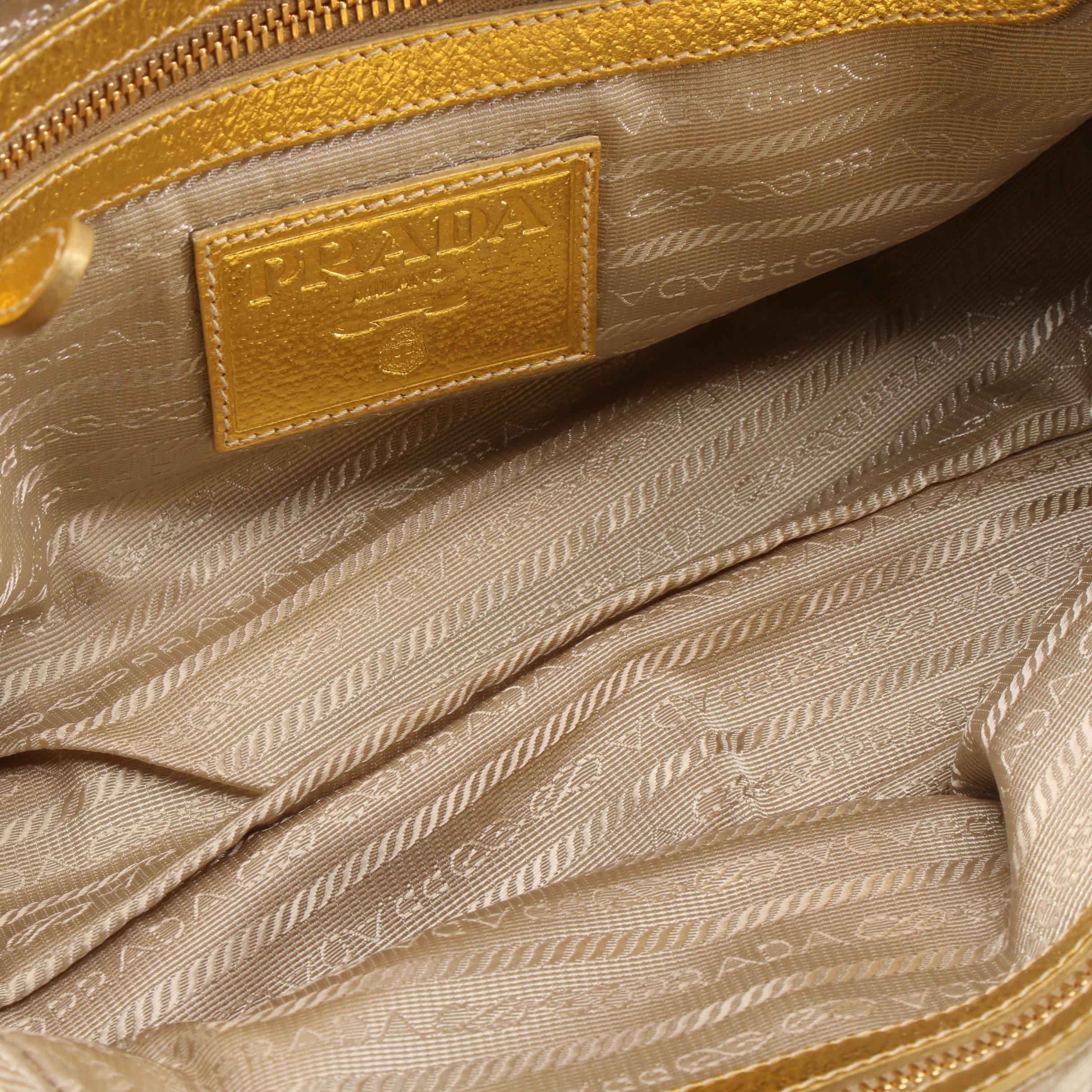 Prada Boston Bag in Woven Straw and Metallic Gold Leather