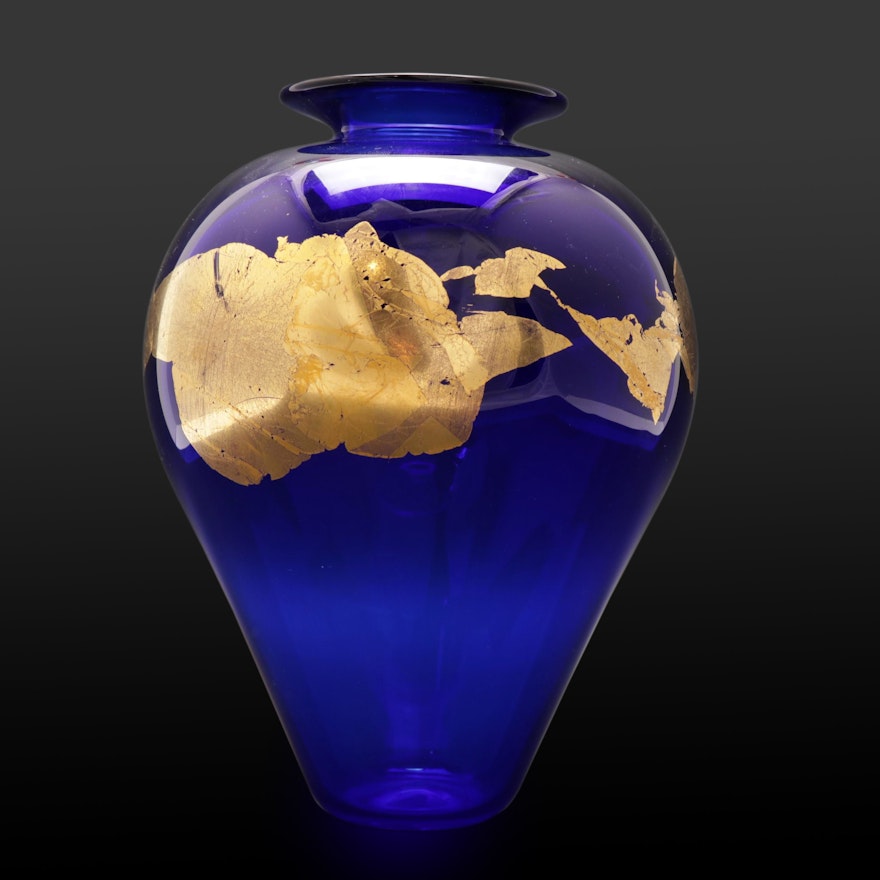 Signed Cobalt Gold Foil Art Glass Vase, 2000