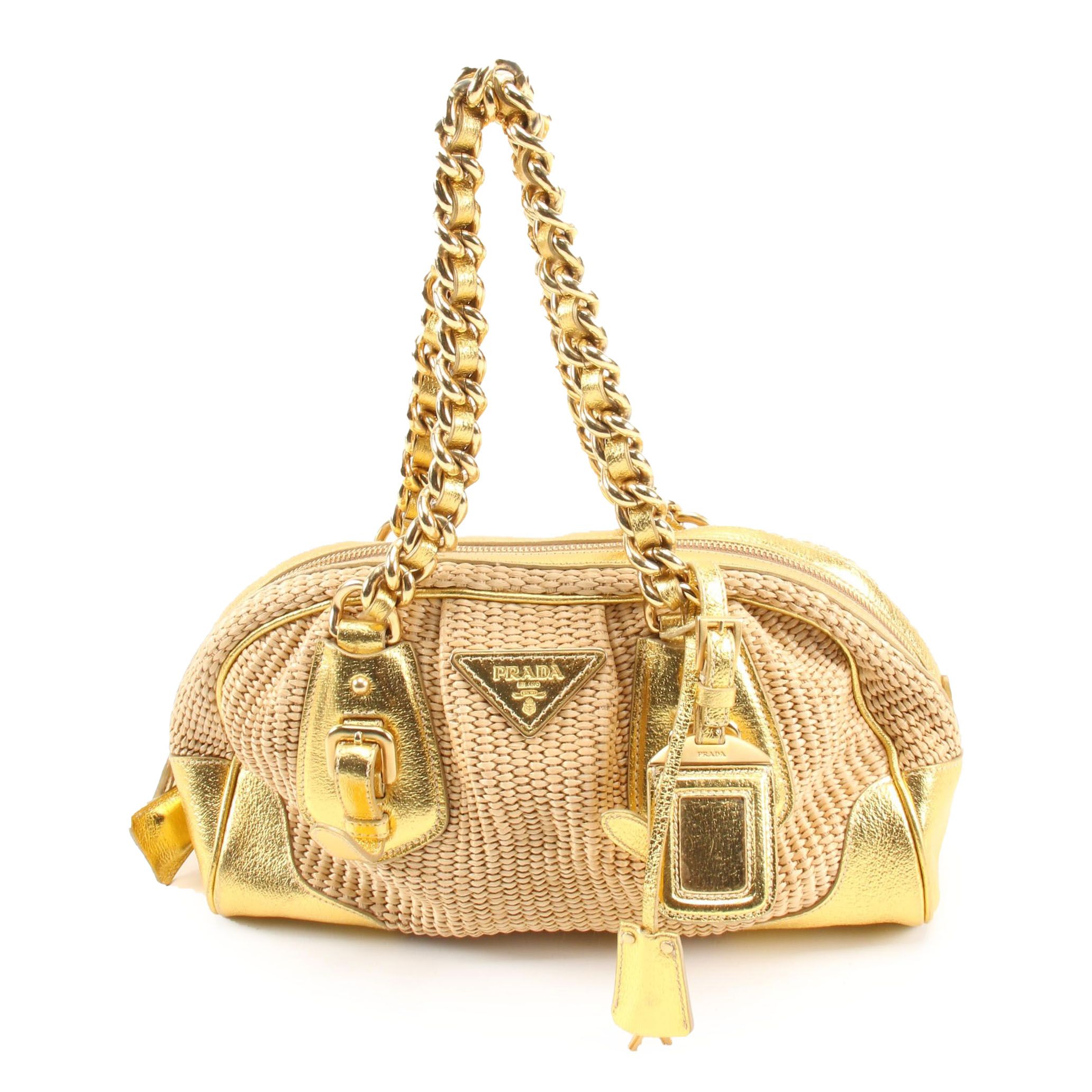 Prada Boston Bag in Woven Straw and Metallic Gold Leather