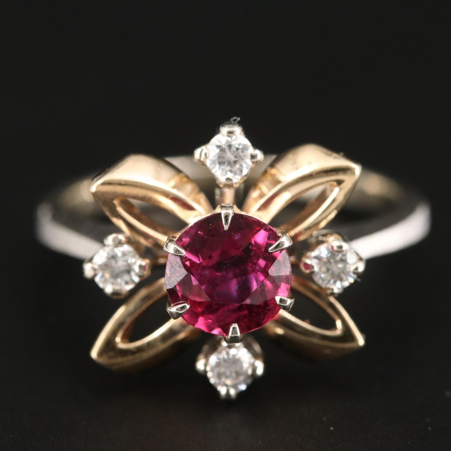 14K White Gold 1.05 CT Ruby and Diamond Ring with Yellow Gold Accents