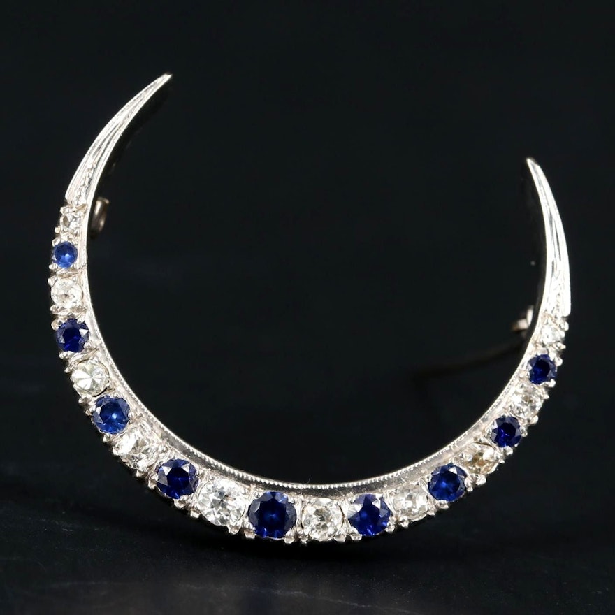 Vintage 14K White Gold Diamond and Sapphire Crescent Moon Brooch